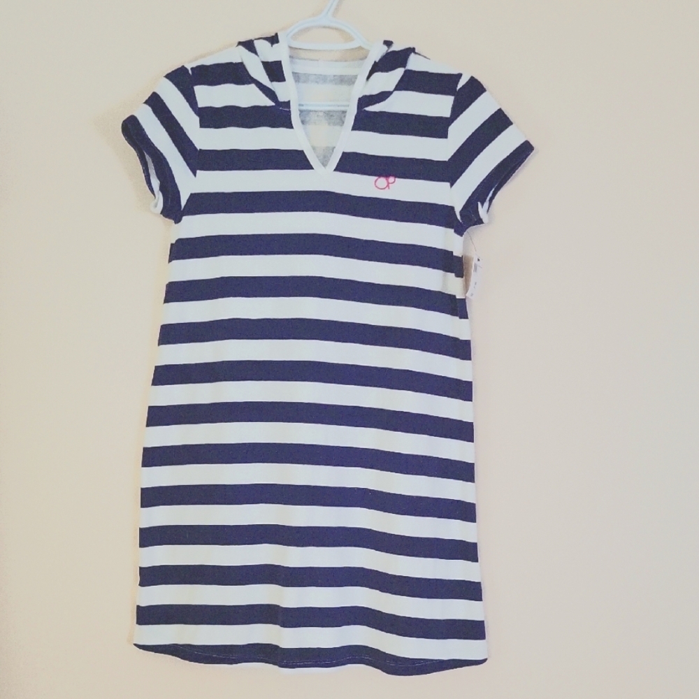 Ocean Pacific Girls Navy and White Striped Hooded Swim Coverup